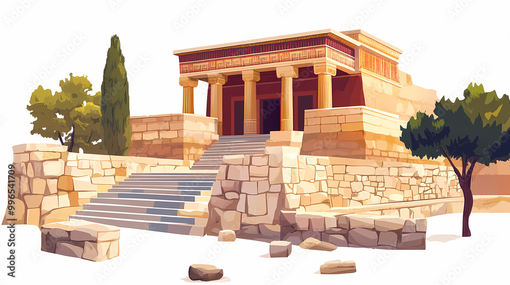 Obraz premium Knossos palace archaeological site crete greece isolated on white transparent background, png. Minoan Civilization. Illustration
