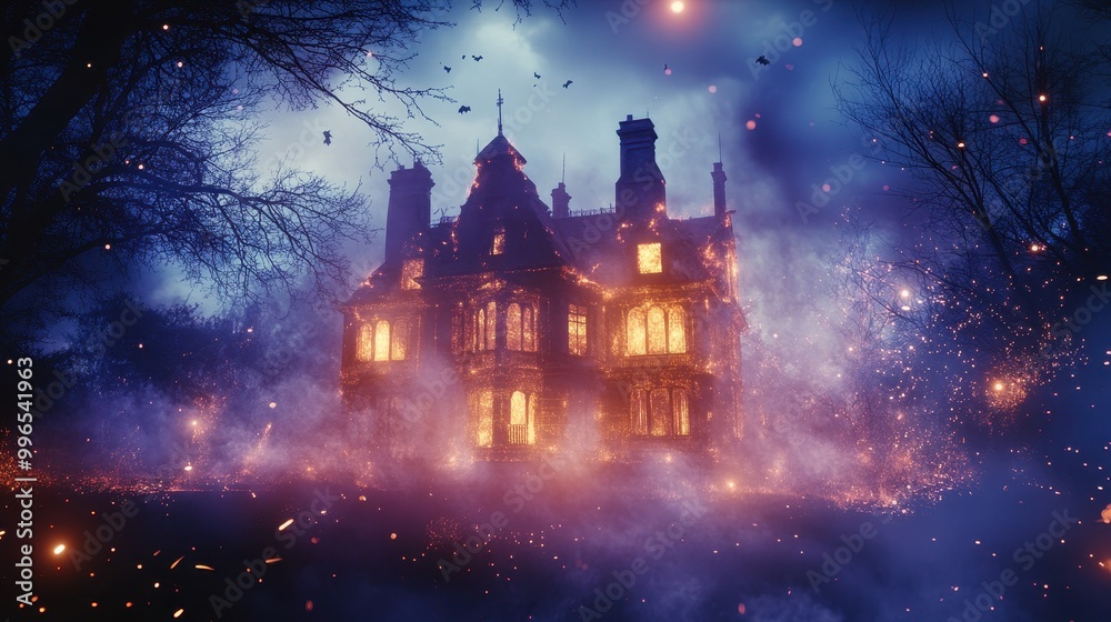 Fototapeta premium Glowing Haunted House in Abstract Scene