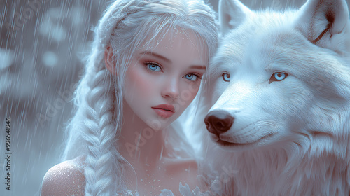 a young woman and white wolves, braided white hair. She has flawless, natural skin and striking blue eyes in the rain, She is wearing a white dress photo