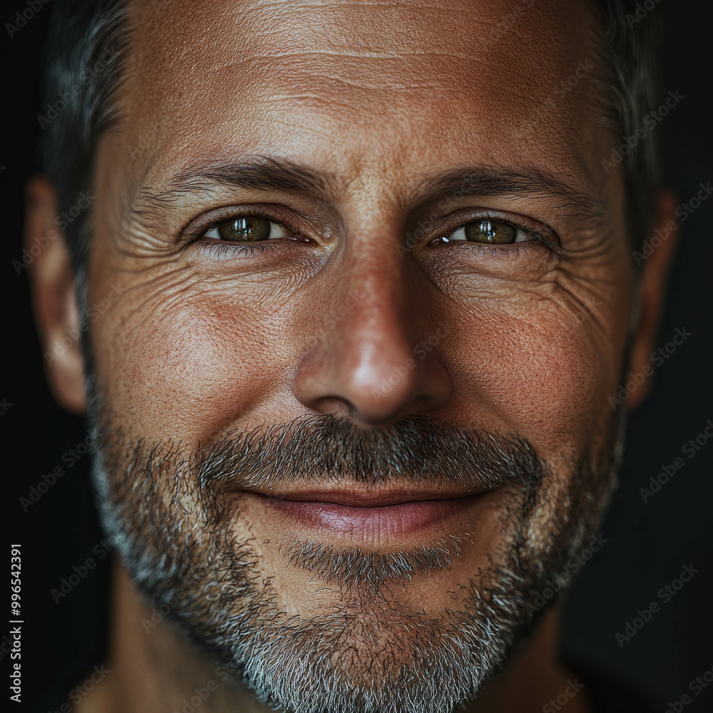 Fototapeta premium Close-up portrait of the man face, with sharp facial features and textured skin, slightly greying hair, short beard, hazel eyes, confident smile on his lips, black background