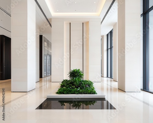 Serene bank lobby with natural elements, zen garden, water feature, calm bank design, luxury tranquility