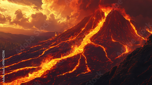 Lava flowing down a mountainside during a volcanic eruption. Volcanic Eruption. Illustration