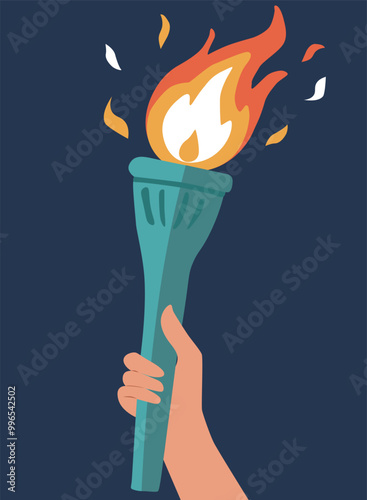 Human hand holding olympic torch with fire flames. Flat vector illustration	