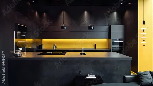 Modern Minimalist Kitchen Design with Black and Yellow Accents, Capturing the Sleek, Contemporary Aesthetic of Urban Interiors. photo