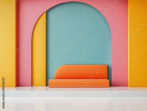 Modern bank interior with bright colors, abstract shapes, open layout, vibrant bank design, luxury creativity