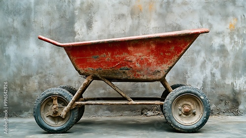 Weathered Red Wheelbarrow Against a Gray Wall