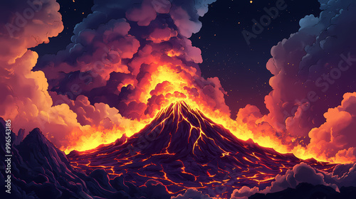 Lava-covered mountain with dark sky. Volcanic Eruption. Illustration photo