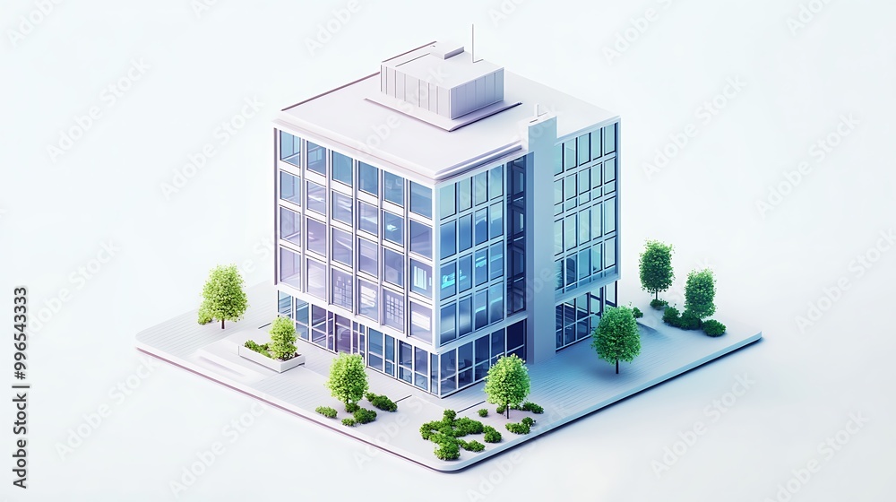 Isometric View of a Modern Office Building with Trees Isometric View of a Modern Office Building with Trees