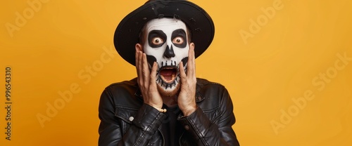 Man wearing skeleton makeup and costume, screaming with an expressive face, against a bright orange background. With copy space for text. Wide web banner