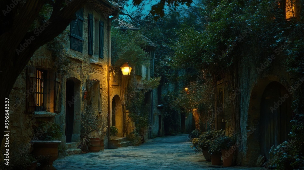 Charming street illuminated by lanterns, quiet evening atmosphere, soft blue tones. Charming street illuminated by lanterns, quiet evening atmosphere, soft blue tones.