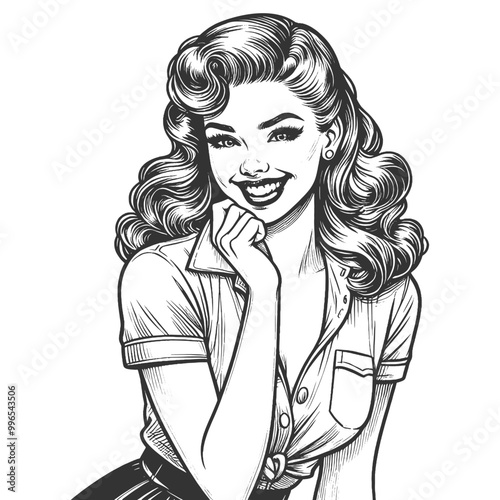 Playful smiling beautiful young woman flirty sketch engraving generative ai fictional character vector illustration. Scratch board imitation. Black and white image.