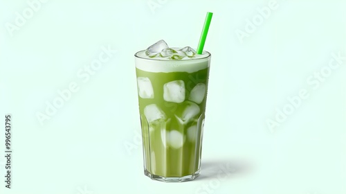 Iced Matcha Latte with Green Straw and Ice Cubes in Glass