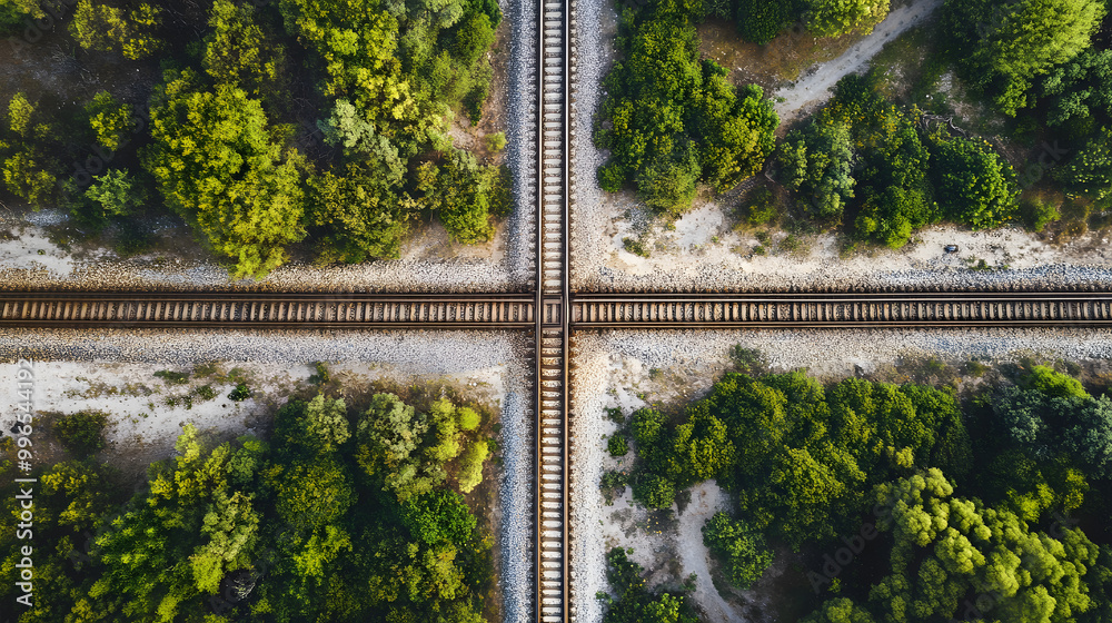 Aerial view of a railway crossing with intersecting tracks Aerial view of a railway crossing with intersecting tracks