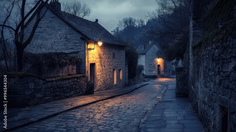 Obraz premium Charming village street illuminated by soft lantern light at dusk.