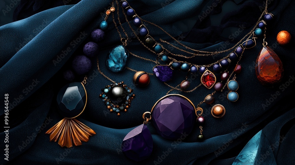 Fototapeta premium Elegant jewelry display on a dark textured fabric background.