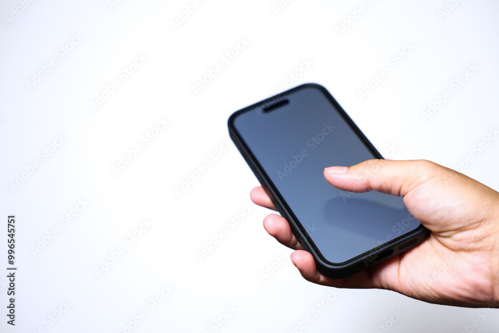 Hand holding smartphone on white background. QR code payment concept. Digital money payment. Hand holding smartphone on white background. QR code payment concept. Digital money payment.