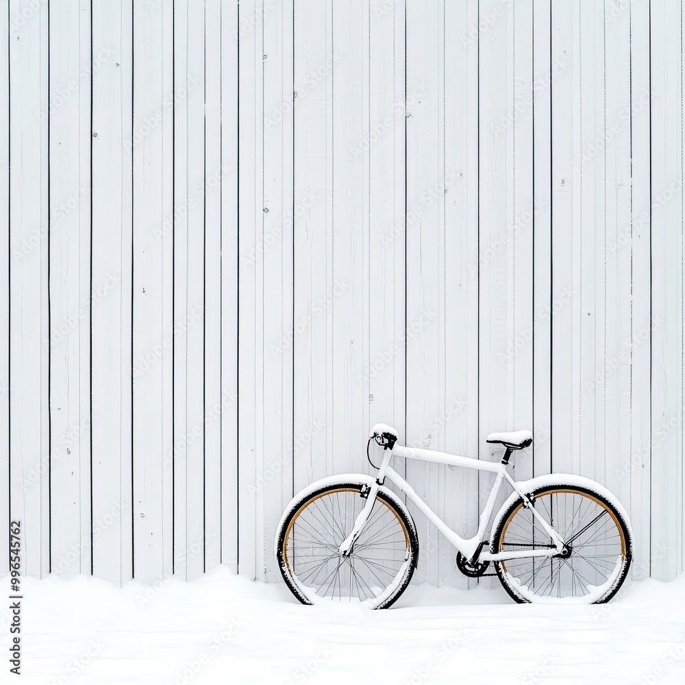 A minimalist white bicycle resting on a snow-covered ground against a clean, white wooden wall. A minimalist white bicycle resting on a snow-covered ground against a clean, white wooden wall.