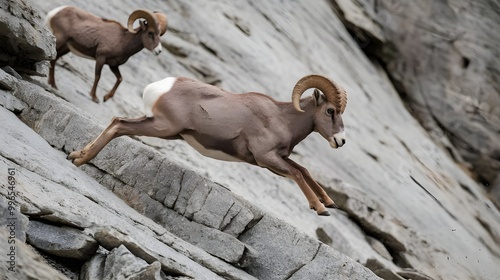 Bighorn Sheep Jumping on Rocky Cliff photo