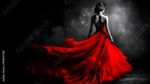 Black and white image of a young beautiful slim woman in a red long dress with an open back on a black background