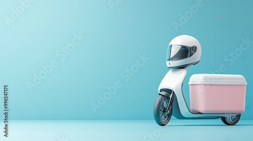 A modern delivery scooter with a cool helmet against a vibrant blue backdrop, perfect for food delivery and transport concepts. photo