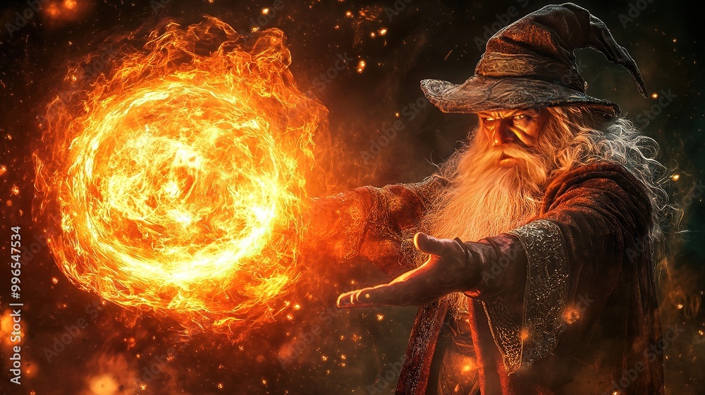 A powerful wizard conjures fire magic in a mystical forest at dusk, showcasing mastery of elemental forces and sorcery A powerful wizard conjures fire magic in a mystical forest at dusk, showcasing mastery of elemental forces and sorcery