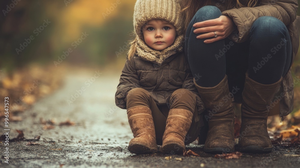 Child sitting on a path, wearing warm clothes with a parent close by. Child sitting on a path, wearing warm clothes with a parent close by.