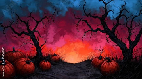 Halloween scene with vibrant sunset, eerie trees, and glowing pumpkins. photo