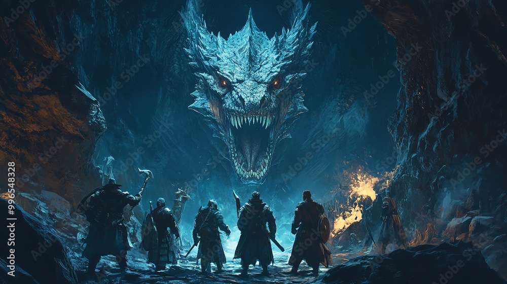 Obraz premium A group of adventurers confronts a massive dragon in a dark cave illuminated by a mysterious glow