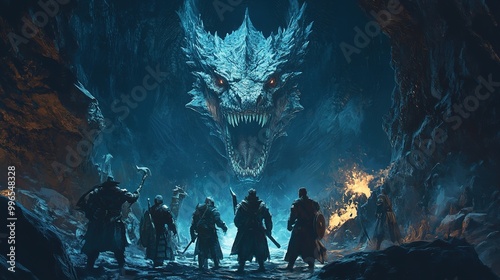 A group of adventurers confronts a massive dragon in a dark cave illuminated by a mysterious glow