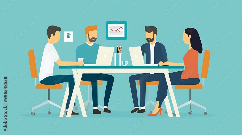 Four colleagues in a meeting, using laptops and discussing business. Four colleagues in a meeting, using laptops and discussing business.
