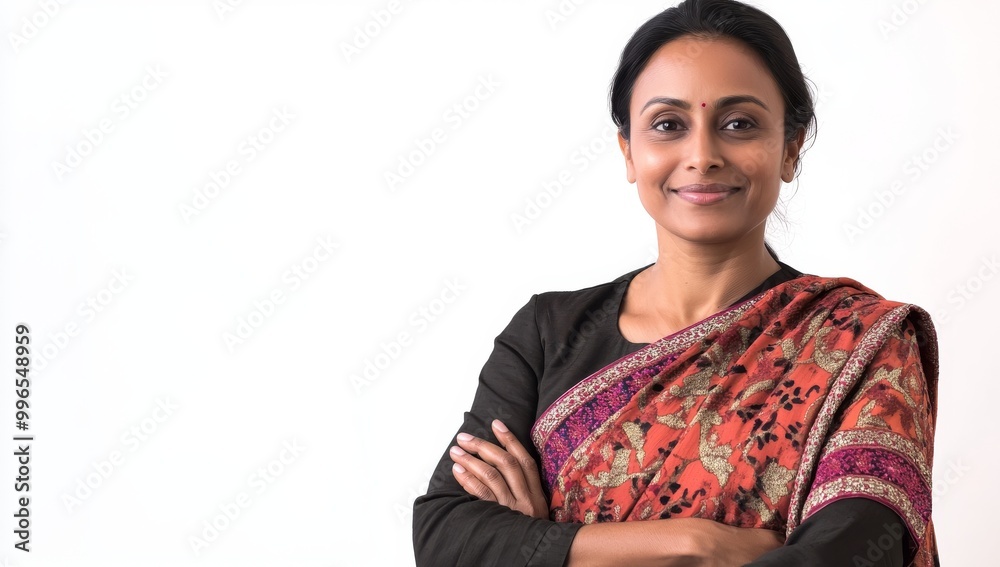 A confident Indian woman wearing an elegant cotton sari poses for the camera in an elegant pose A confident Indian woman wearing an elegant cotton sari poses for the camera in an elegant pose