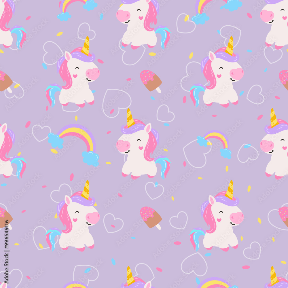 Obraz premium Seamless pattern with unicorn. Unicorns with clouds, stars, rainbow. Childish texture for fabric, textile, apparel, wallpaper. Vector illustration