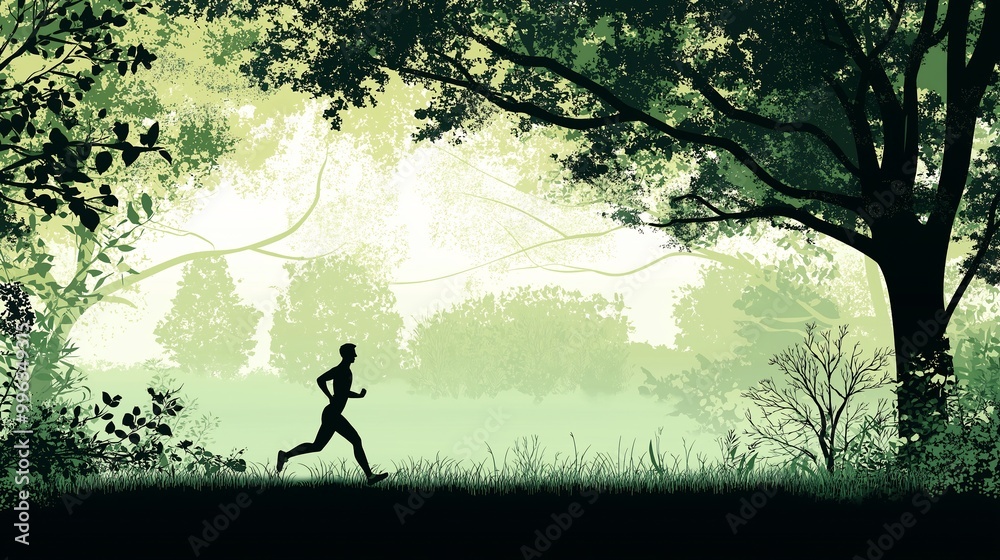 Misty Morning Jog: Man Running in Foggy Park Misty Morning Jog: Man Running in Foggy Park