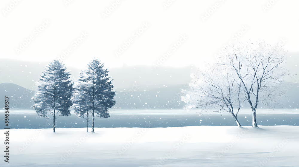 Minimalist winter scene snowcovered trees and a frozen lake. Frozen Lake. Illustration Minimalist winter scene snowcovered trees and a frozen lake. Frozen Lake. Illustration