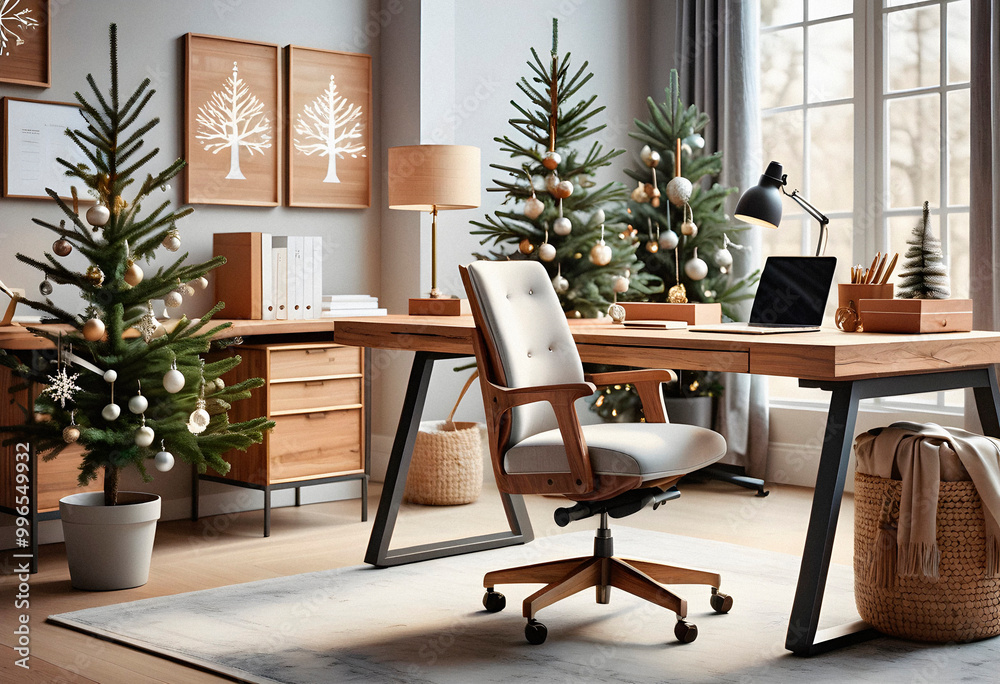 Fototapeta premium An office interior featuring a traditional wooden desk with christmas decoration and new year tree. AI generated.