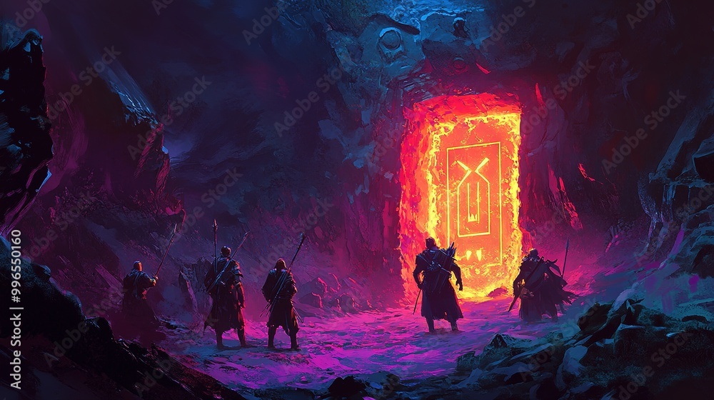 Adventurers prepare to enter a mystical portal glowing in vibrant colors deep within a fantasy cave at night
