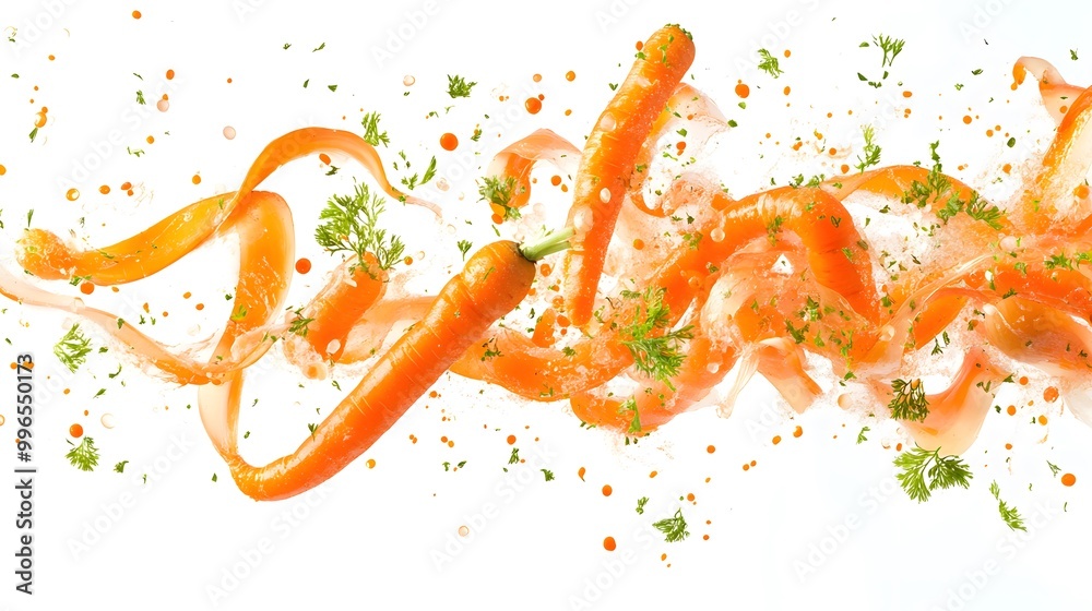 Fototapeta premium Carrots in motion falling gracefully isolated on a white background