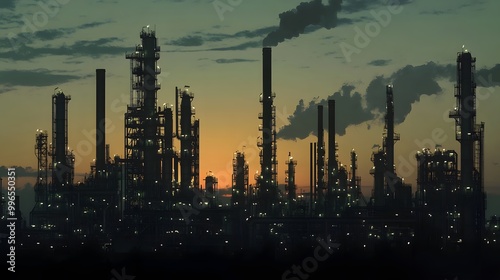 A petrochemical plant at dusk, with its towering stacks silhouetted against the sky.