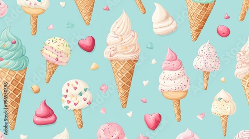 Colorful ice cream cones on a blue background, playful design.
