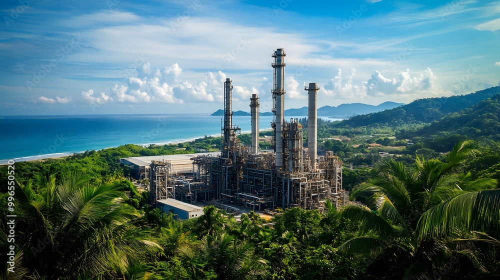 Obraz premium A petrochemical plant set against a tropical coastline, surrounded by lush greenery.