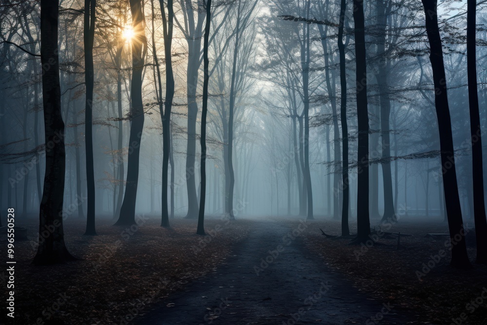 Naklejka premium Forest fog landscape sunlight.