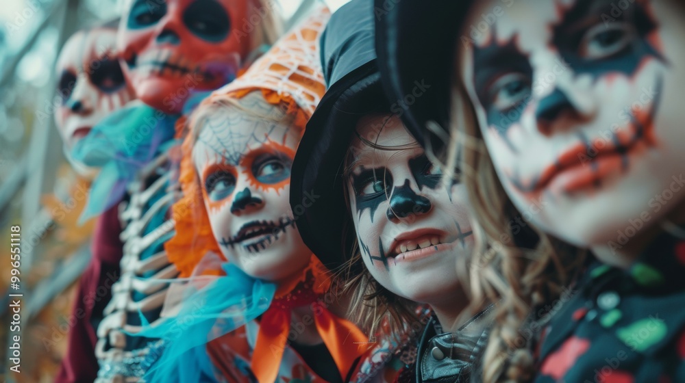 Group of children wearing spooky face paint and costumes, celebrating Halloween with creative and colorful designs Group of children wearing spooky face paint and costumes, celebrating Halloween with creative and colorful designs