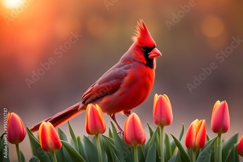 A cardinal with tulips sprouting from its back set against a warm sunset bokeh effect, AI Generated photo