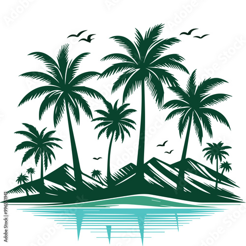 Palm beach with hills and wave