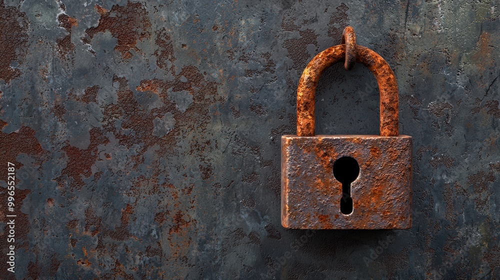 Rusty padlock on a weathered metal surface, capturing themes of security and neglect. Rusty padlock on a weathered metal surface, capturing themes of security and neglect.
