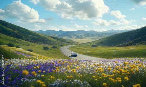 Fototapeta Naklejka Na Ścianę i Meble -  A Winding Road Through a Field of Flowers