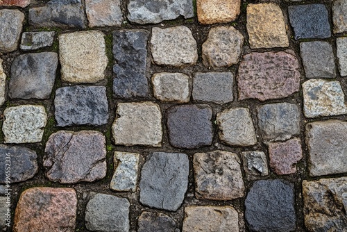 Cobblestone street texture, with uneven stones and weathered surfaces