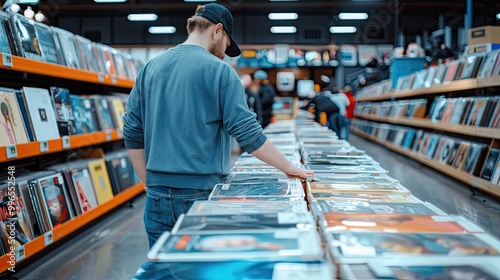 A person browsing through vinyl records in a vibrant music store, surrounded by shelves of album covers and a lively atmosphere.