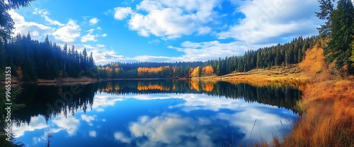 Tranquil blue lake reflecting the autumn sky. photo