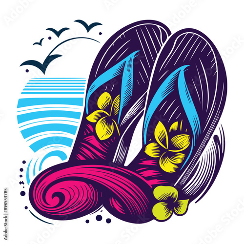 Summer chappal at the beach with wave, sail and birds